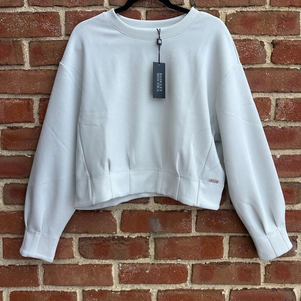 Badgley Mischka Textured Knit Cropped Sweatshirt Logo Hardware Ivory Medium NEW